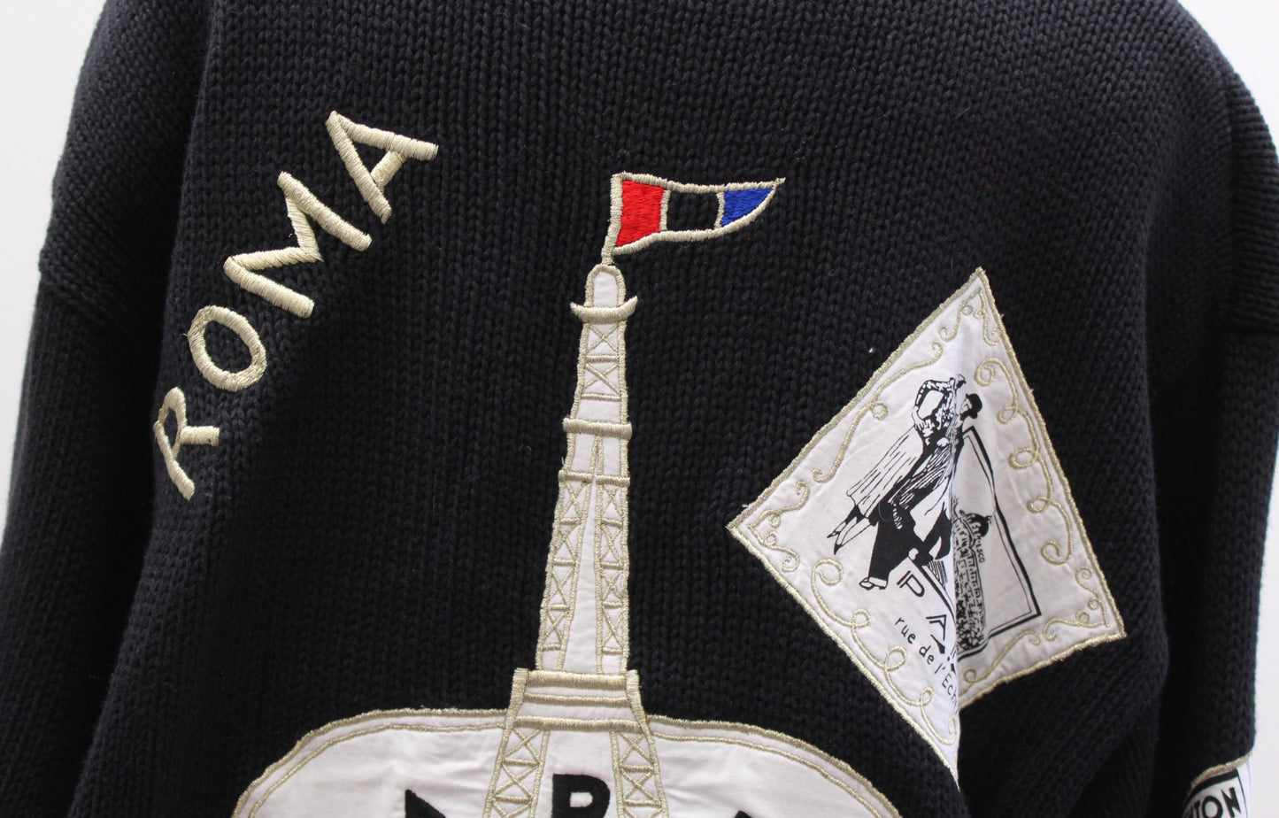 Vtg 90s Black Paris London Eiffel Tower Travel Stamp Cardigan Sweater Size M