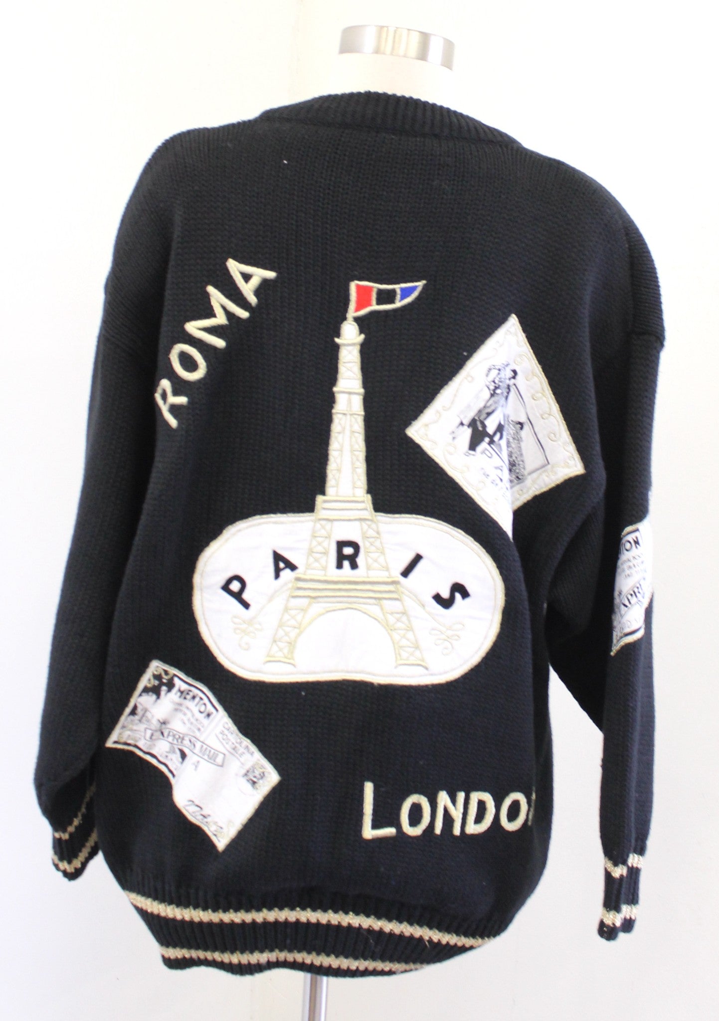 Vtg 90s Black Paris London Eiffel Tower Travel Stamp Cardigan Sweater Size M