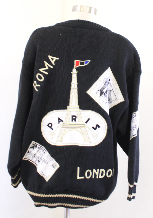 Vtg 90s Black Paris London Eiffel Tower Travel Stamp Cardigan Sweater Size M