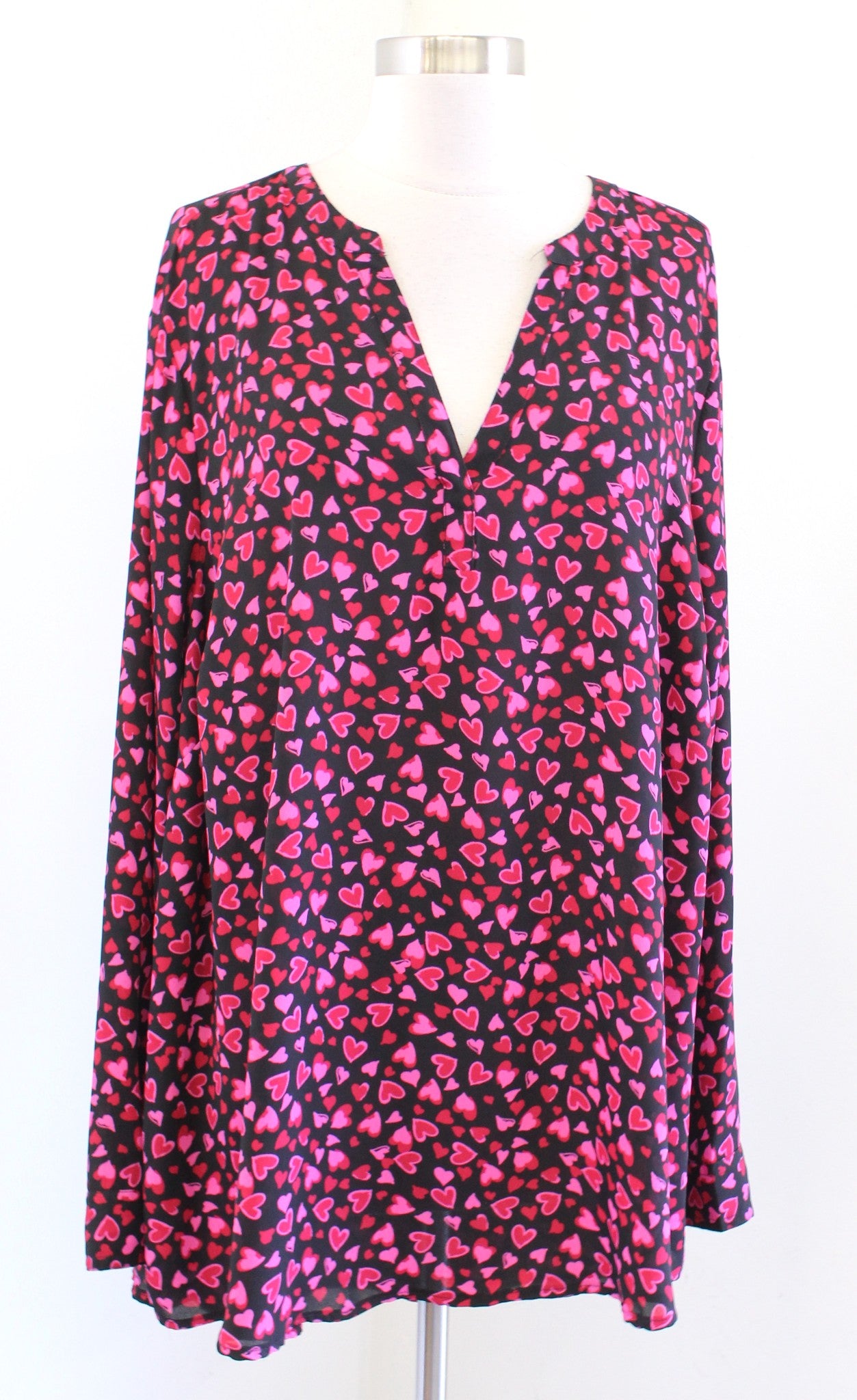 Torrid Black Pink Red Heart Print Split Neck Popover Blouse Shirt Size 3 3X Long Sleeve