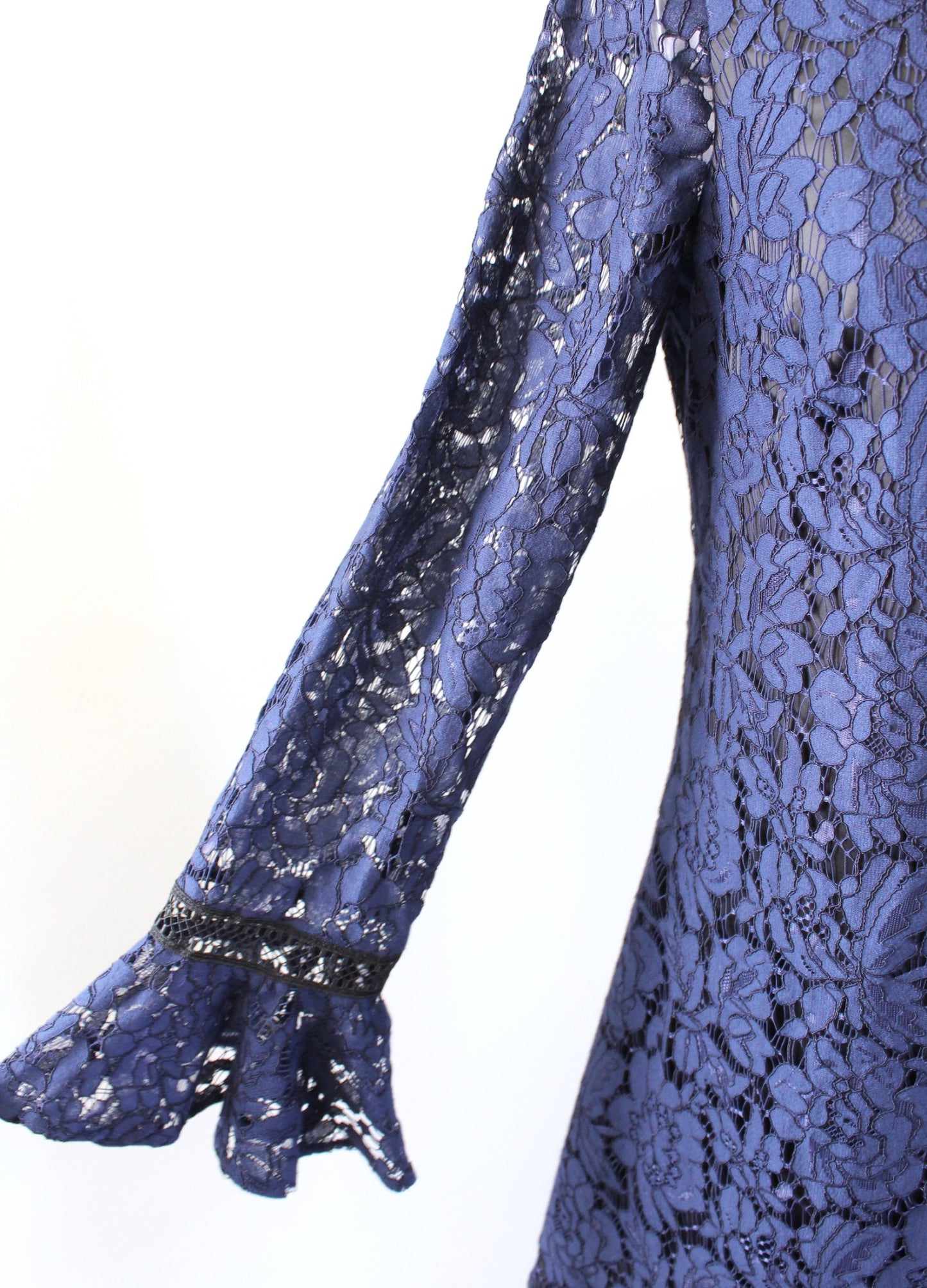 Eliza J Navy Blue Black Lace Illusion Ruffle Trim Bell Sleeve Dress Cocktail 6