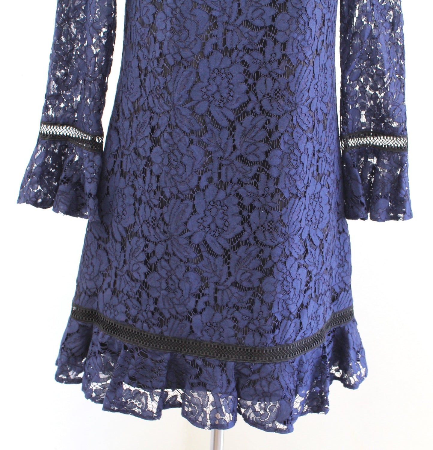 Eliza J Navy Blue Black Lace Illusion Ruffle Trim Bell Sleeve Dress Cocktail 6