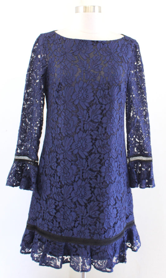 Eliza J Navy Blue Black Lace Illusion Ruffle Trim Bell Sleeve Dress Cocktail 6