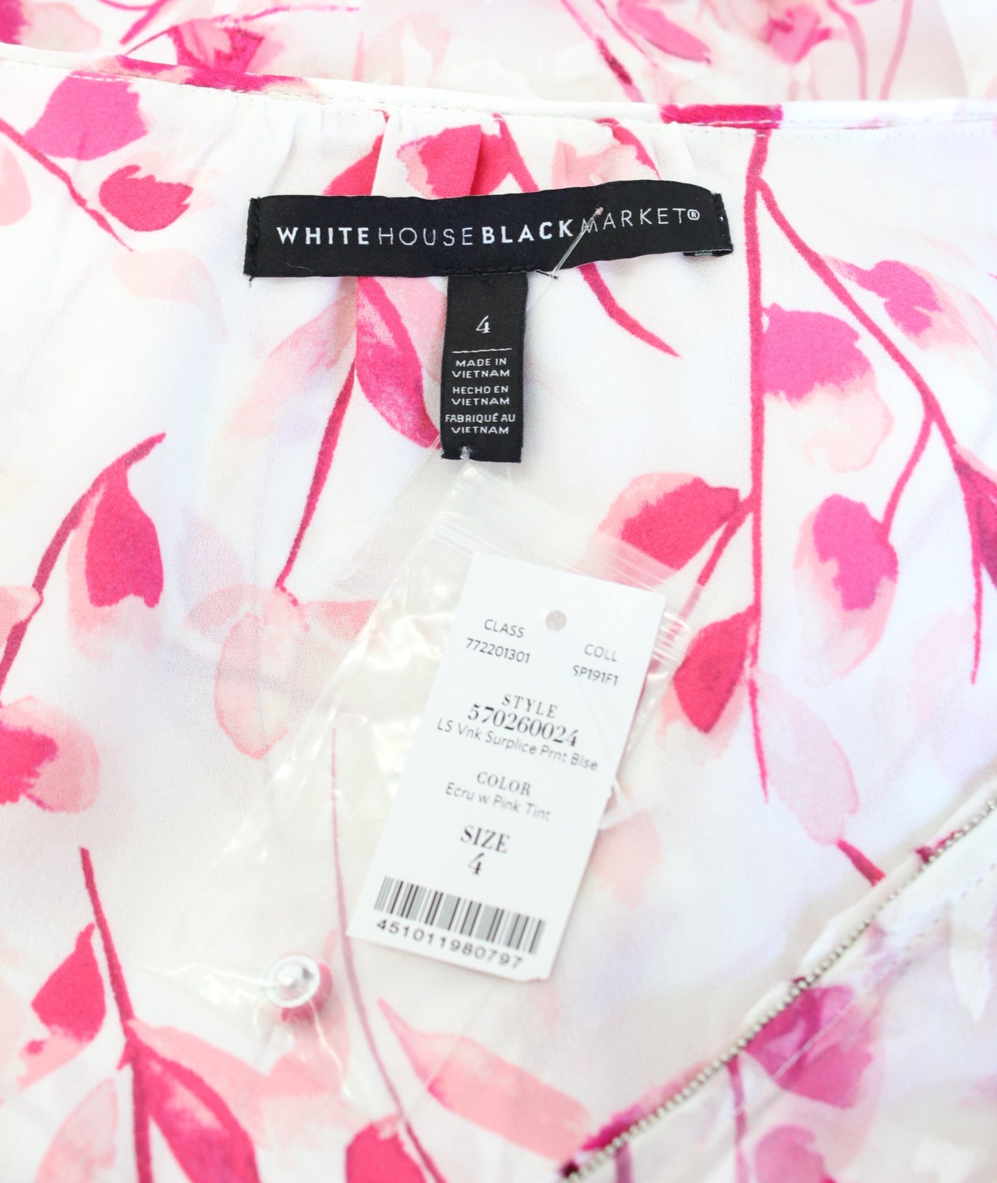 NWT White House Black Market Pink Burnout Floral Surplice Ruffle Top Blouse Sz 4 Long Sleeve