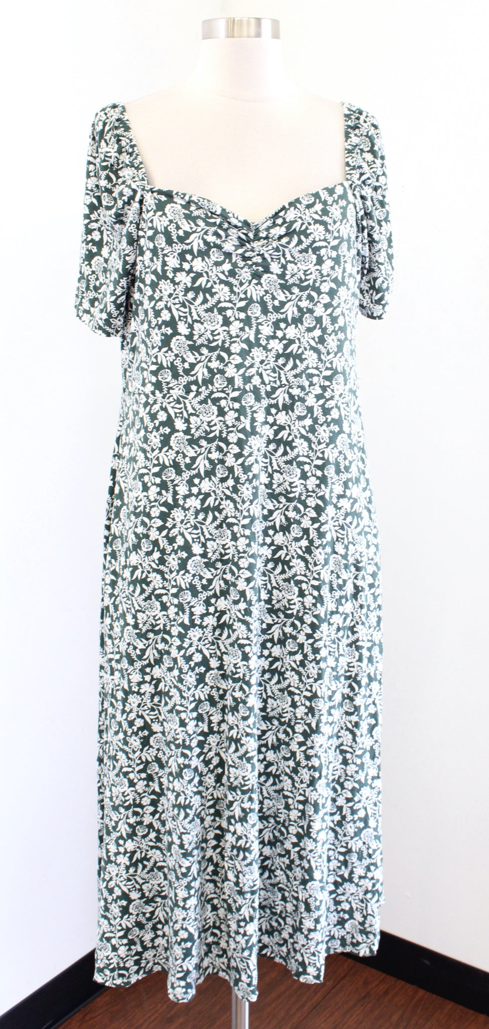 Boden Green White Floral Print Knit Jersey Sweetheart Midi Dress Size US 12P