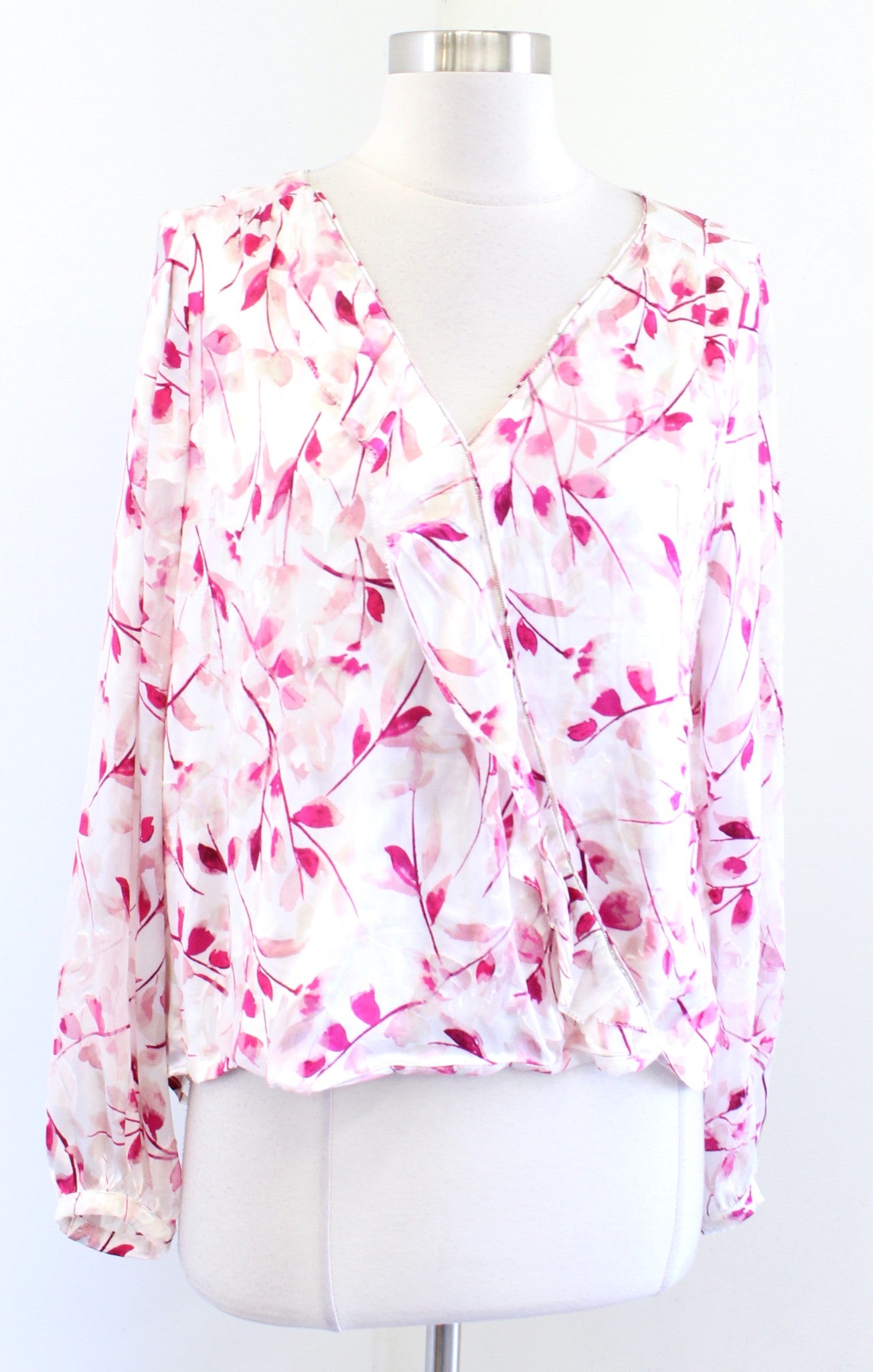 NWT White House Black Market Pink Burnout Floral Surplice Ruffle Top Blouse Sz 4 Long Sleeve