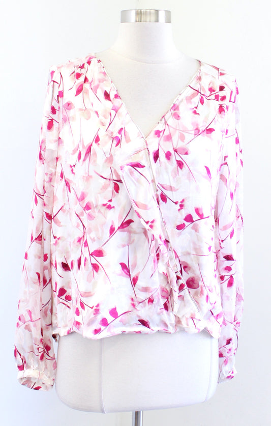 NWT White House Black Market Pink Burnout Floral Surplice Ruffle Top Blouse Sz 4 Long Sleeve