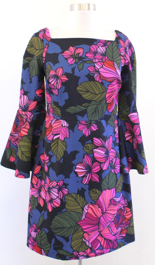 Trina Turk Blue Pink Floral Print Square Neck Bell Sleeve Sheath Dress Size 6