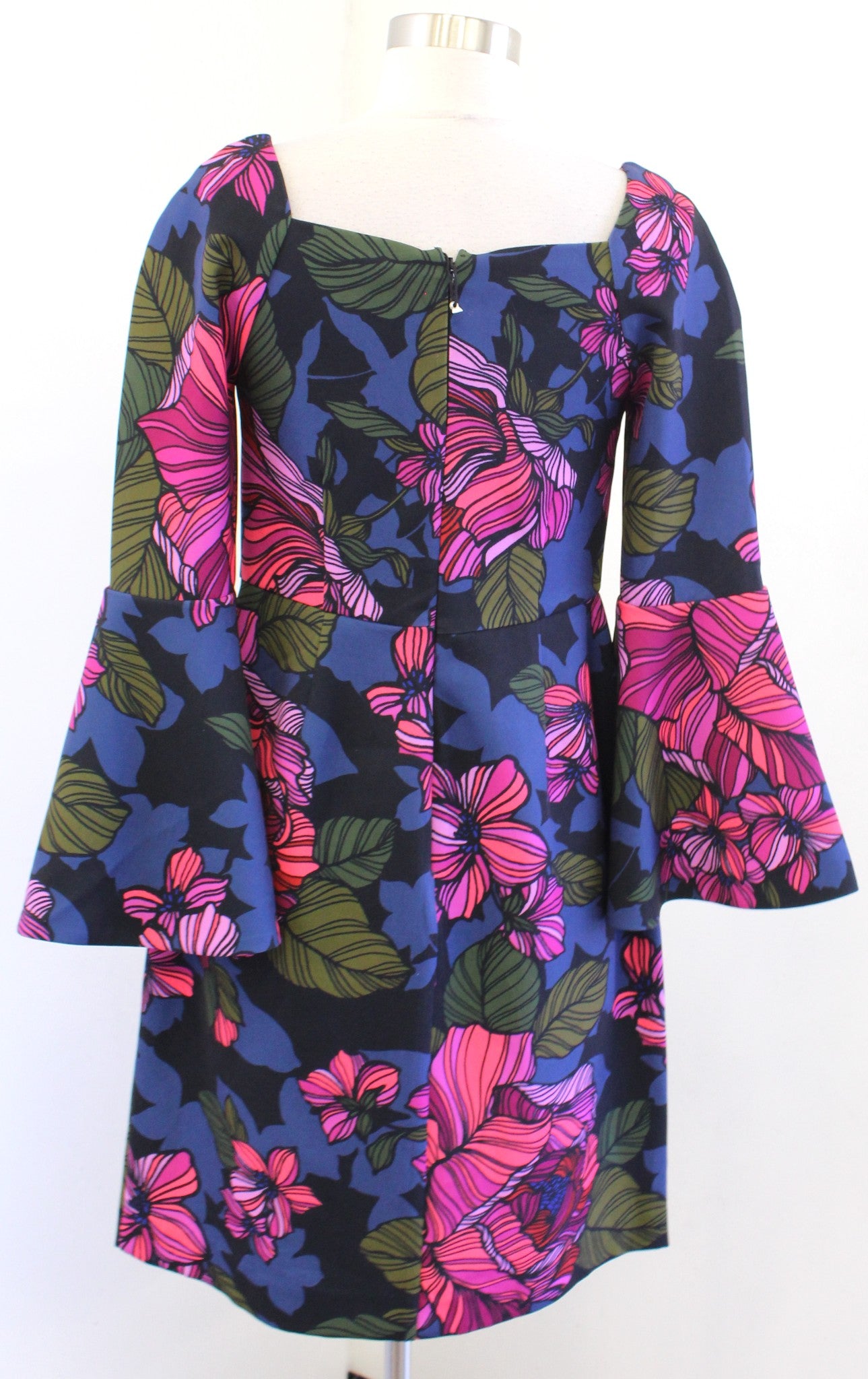 Trina Turk Blue Pink Floral Print Square Neck Bell Sleeve Sheath Dress Size 6