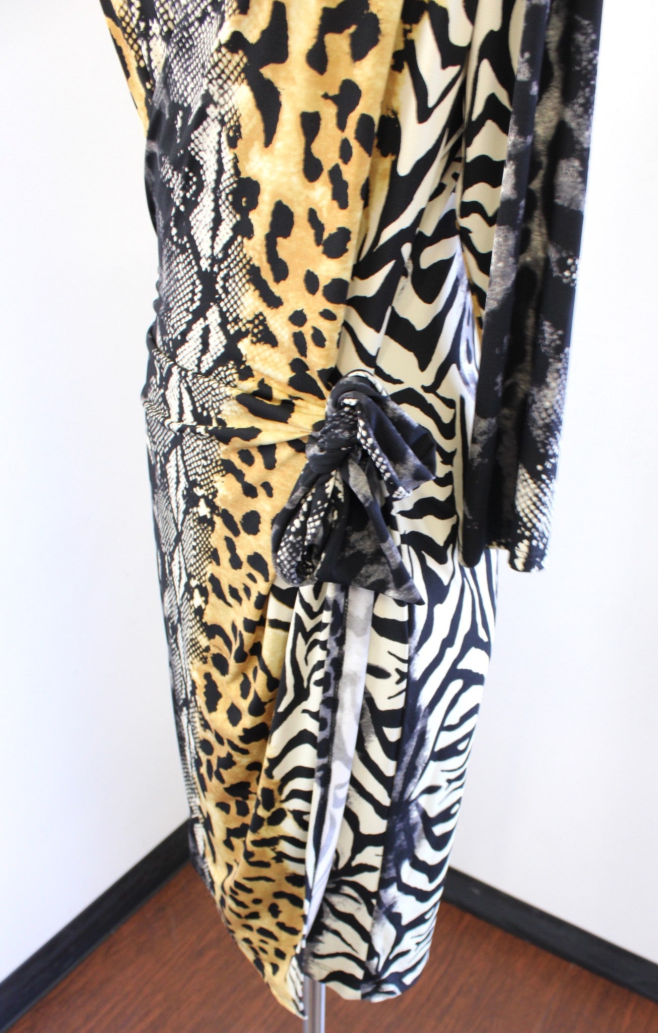 Frank Lyman Design Mixed Animal Print Faux Wrap Tie Dress Size 10 Leopard Zebra