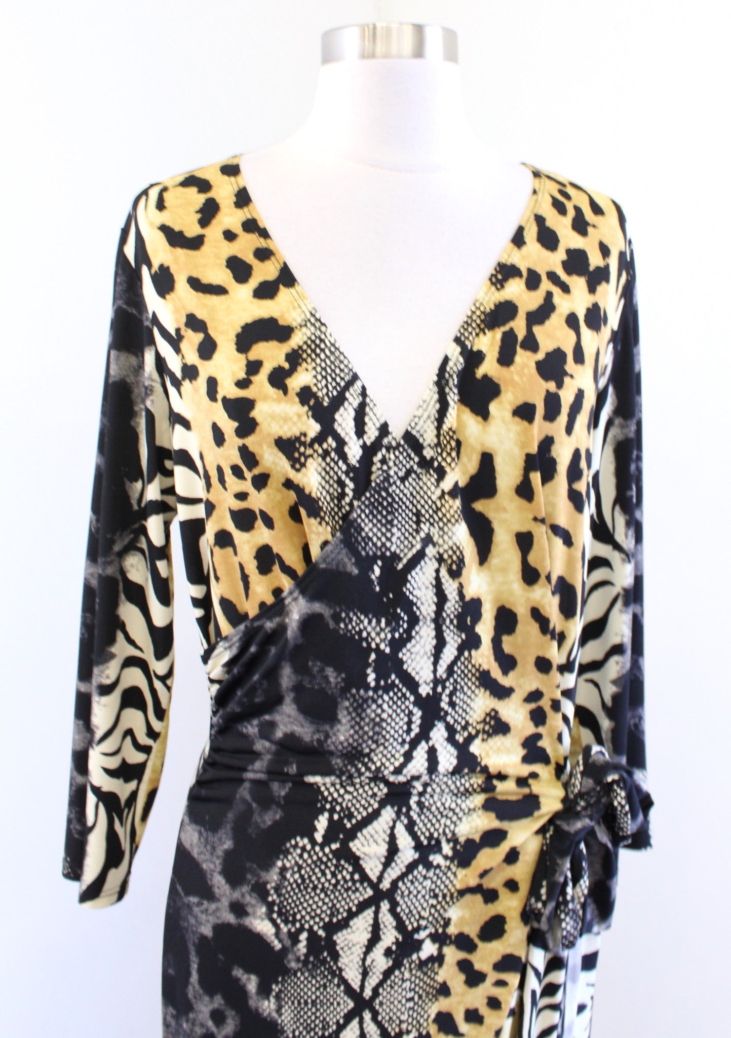 Frank Lyman Design Mixed Animal Print Faux Wrap Tie Dress Size 10 Leopard Zebra