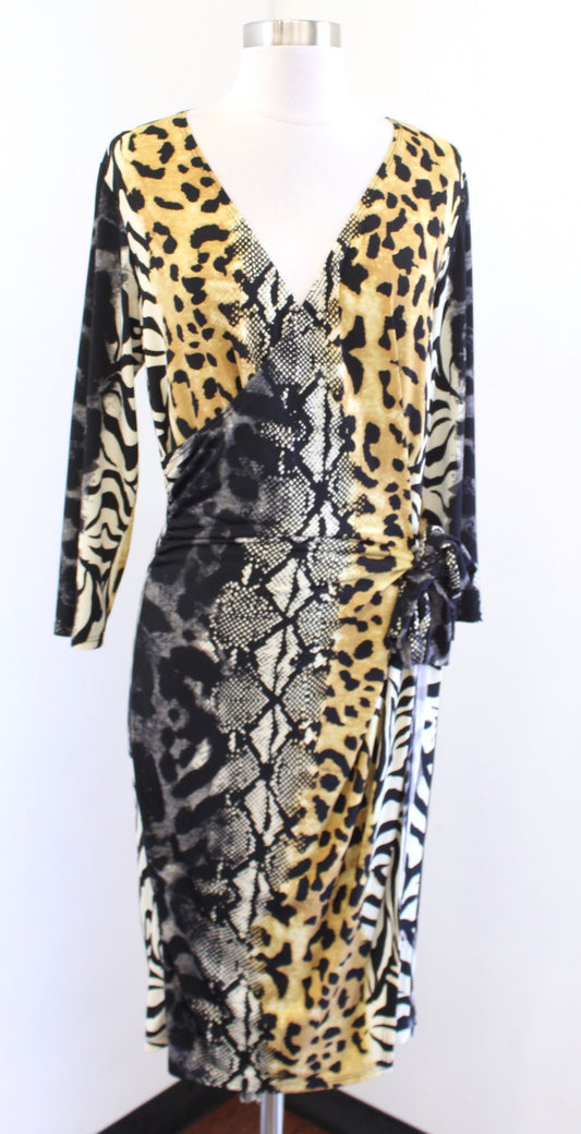 Frank Lyman Design Mixed Animal Print Faux Wrap Tie Dress Size 10 Leopard Zebra