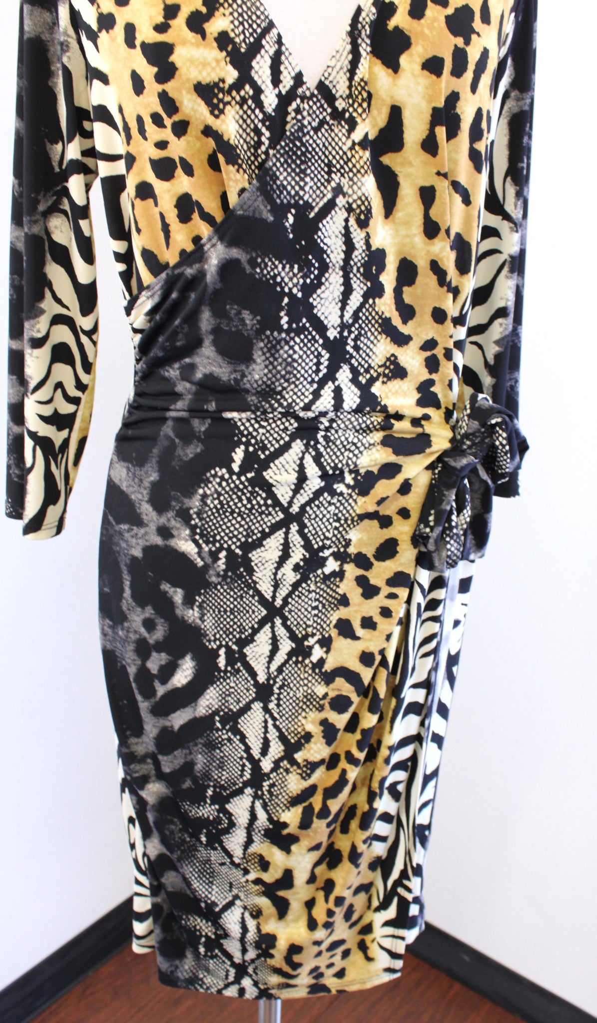 Frank Lyman Design Mixed Animal Print Faux Wrap Tie Dress Size 10 Leopard Zebra