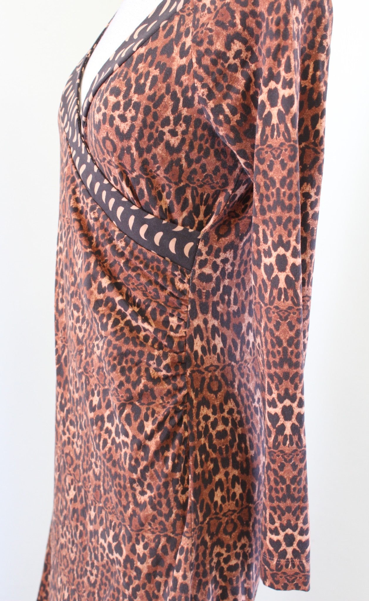 Soft Surroundings Brown Leopard Print Ruched Surplice Faux Wrap Dress Size S