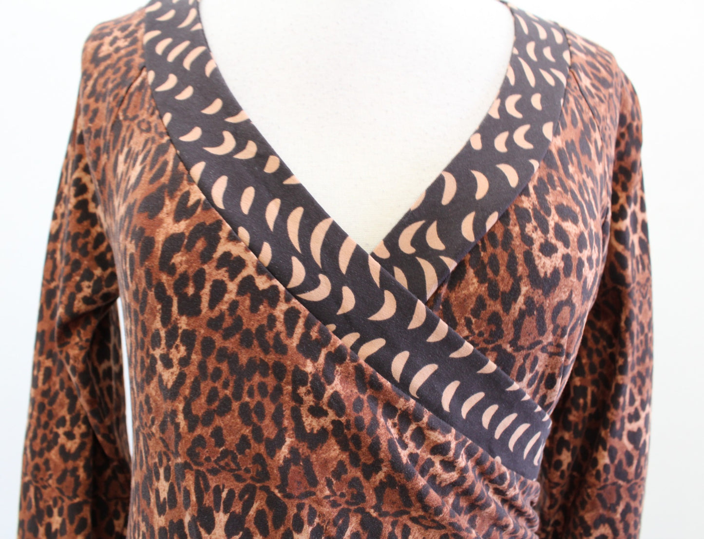 Soft Surroundings Brown Leopard Print Ruched Surplice Faux Wrap Dress Size S