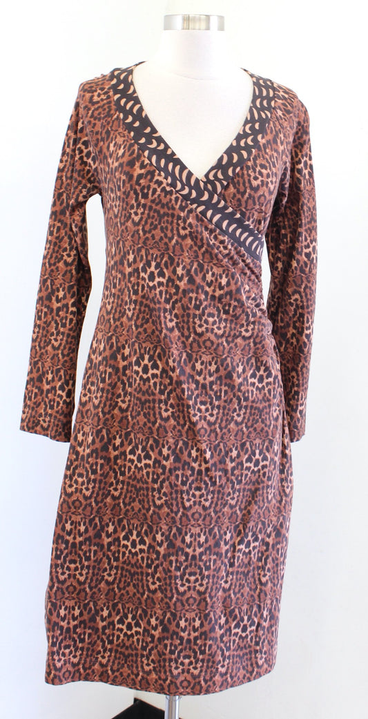 Soft Surroundings Brown Leopard Print Ruched Surplice Faux Wrap Dress Size S