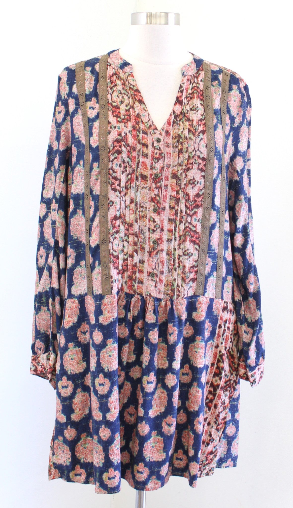 Tiny Anthropologie Navy Blue Printed Drop Waist Shift Dress Size L Long Sleeve