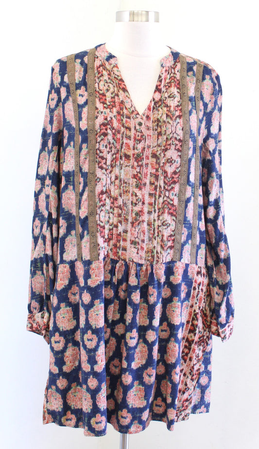 Tiny Anthropologie Navy Blue Printed Drop Waist Shift Dress Size L Long Sleeve