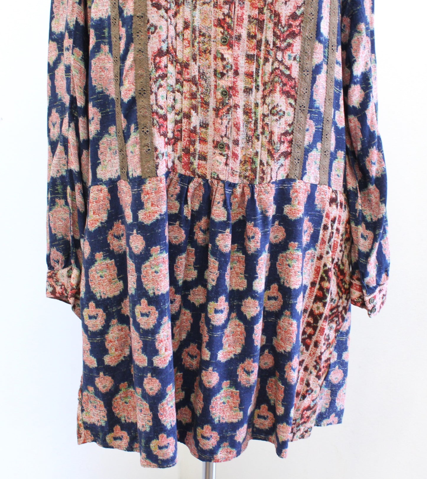 Tiny Anthropologie Navy Blue Printed Drop Waist Shift Dress Size L Long Sleeve