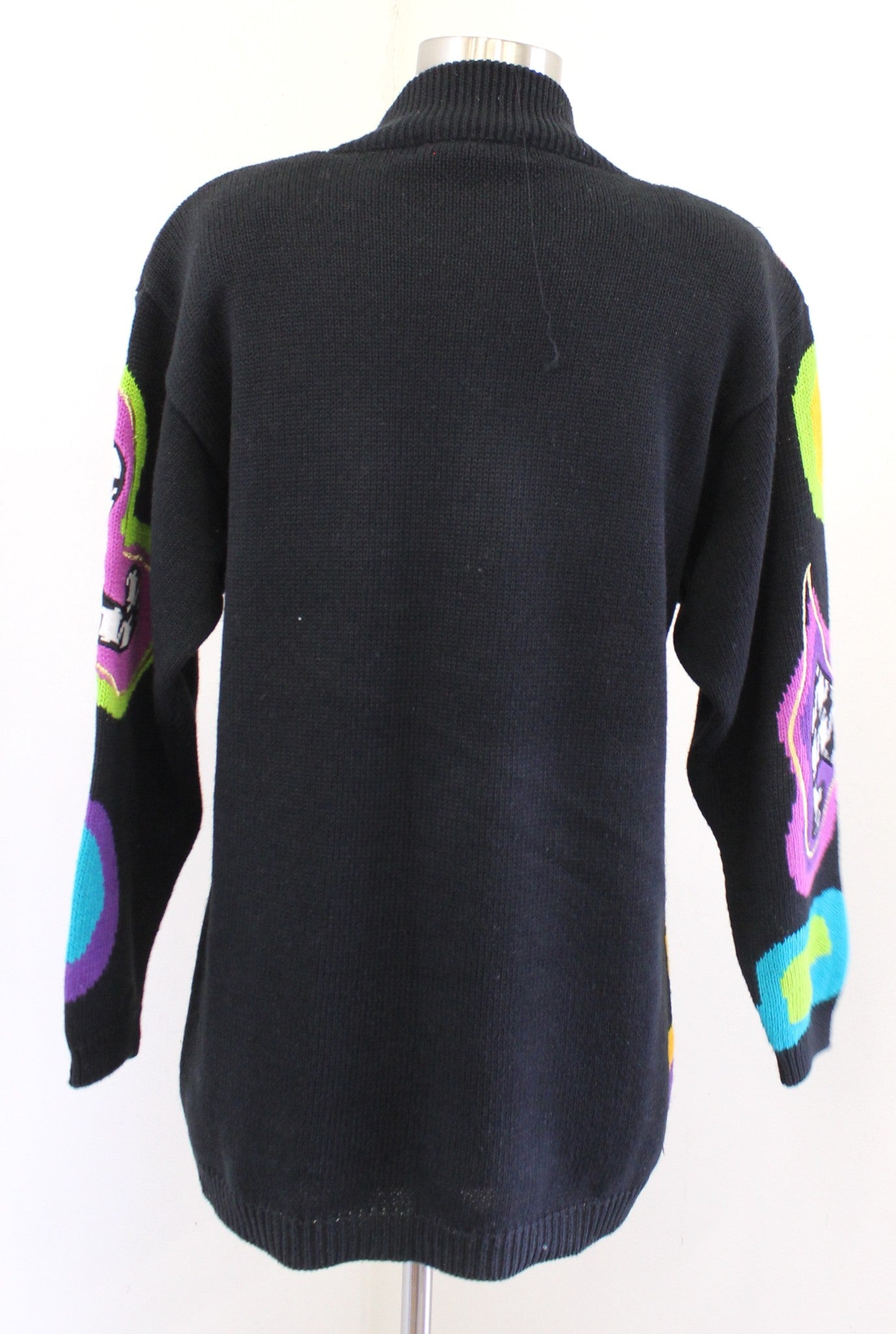 Vtg 90s Black Colorful Geometric Houndstooth Turtleneck Sweater XS Embellished