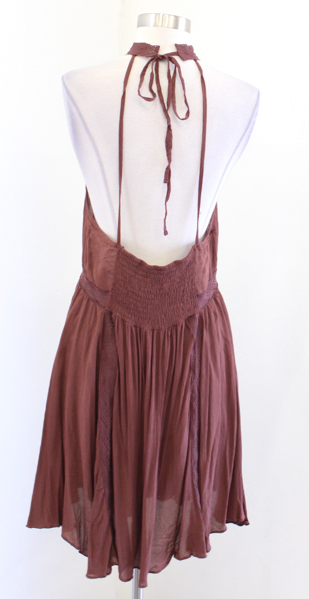 Intimately Free People Brown Crochet Lace Tie Halter Mini Slip Dress Size L