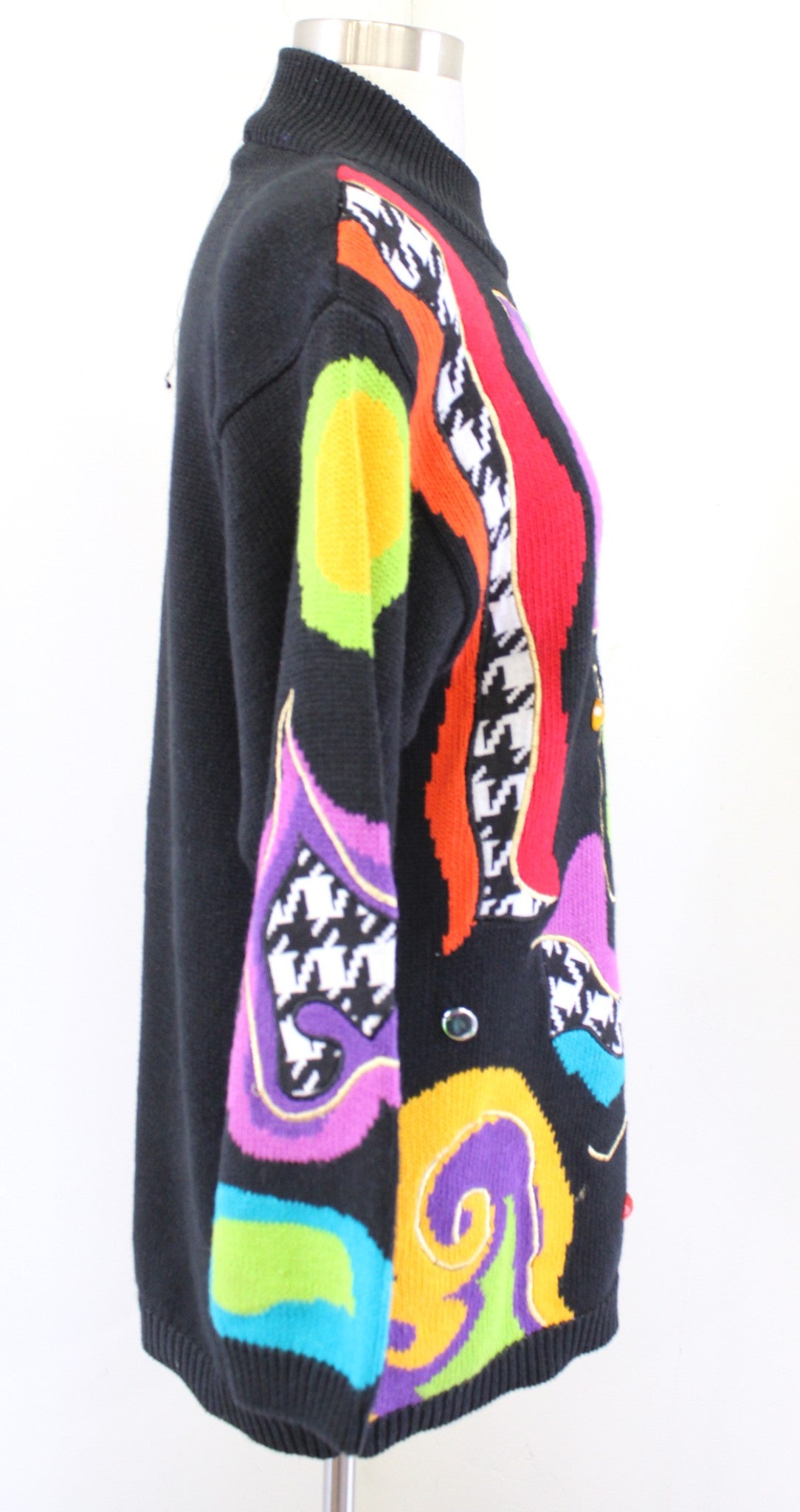 Vtg 90s Black Colorful Geometric Houndstooth Turtleneck Sweater XS Embellished