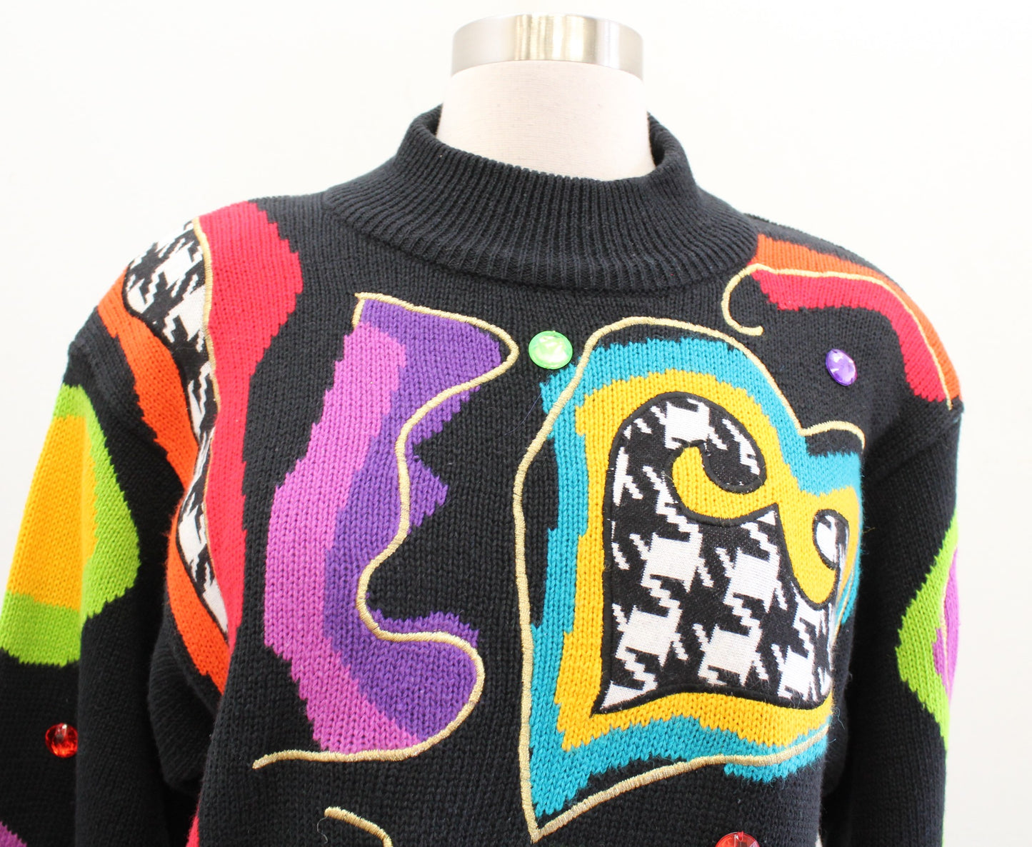 Vtg 90s Black Colorful Geometric Houndstooth Turtleneck Sweater XS Embellished