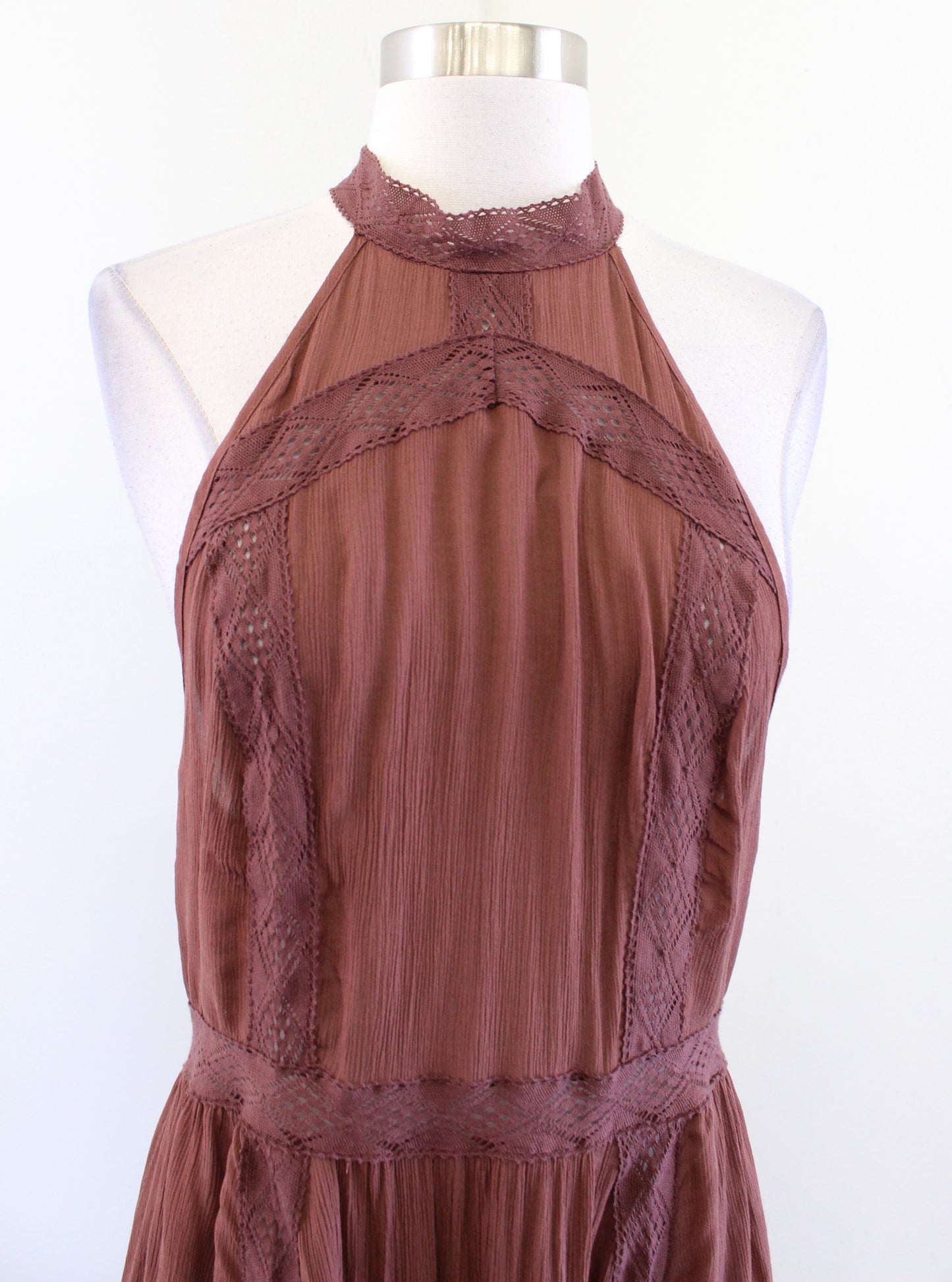 Intimately Free People Brown Crochet Lace Tie Halter Mini Slip Dress Size L