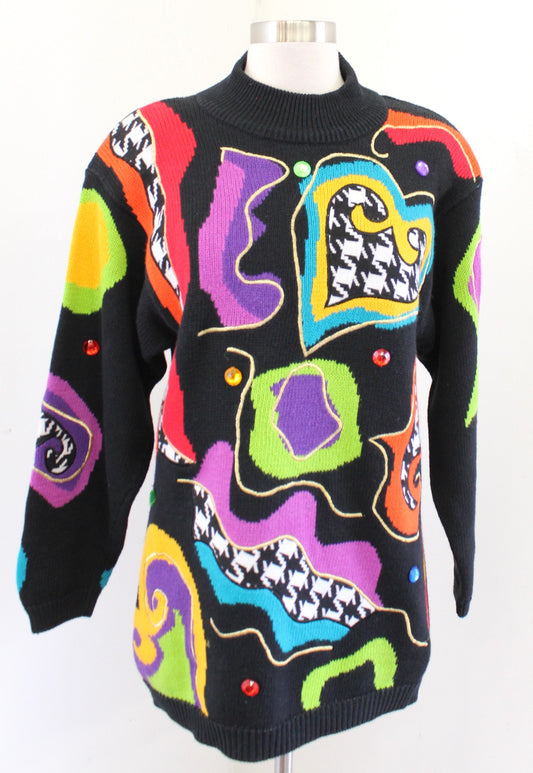 Vtg 90s Black Colorful Geometric Houndstooth Turtleneck Sweater XS Embellished