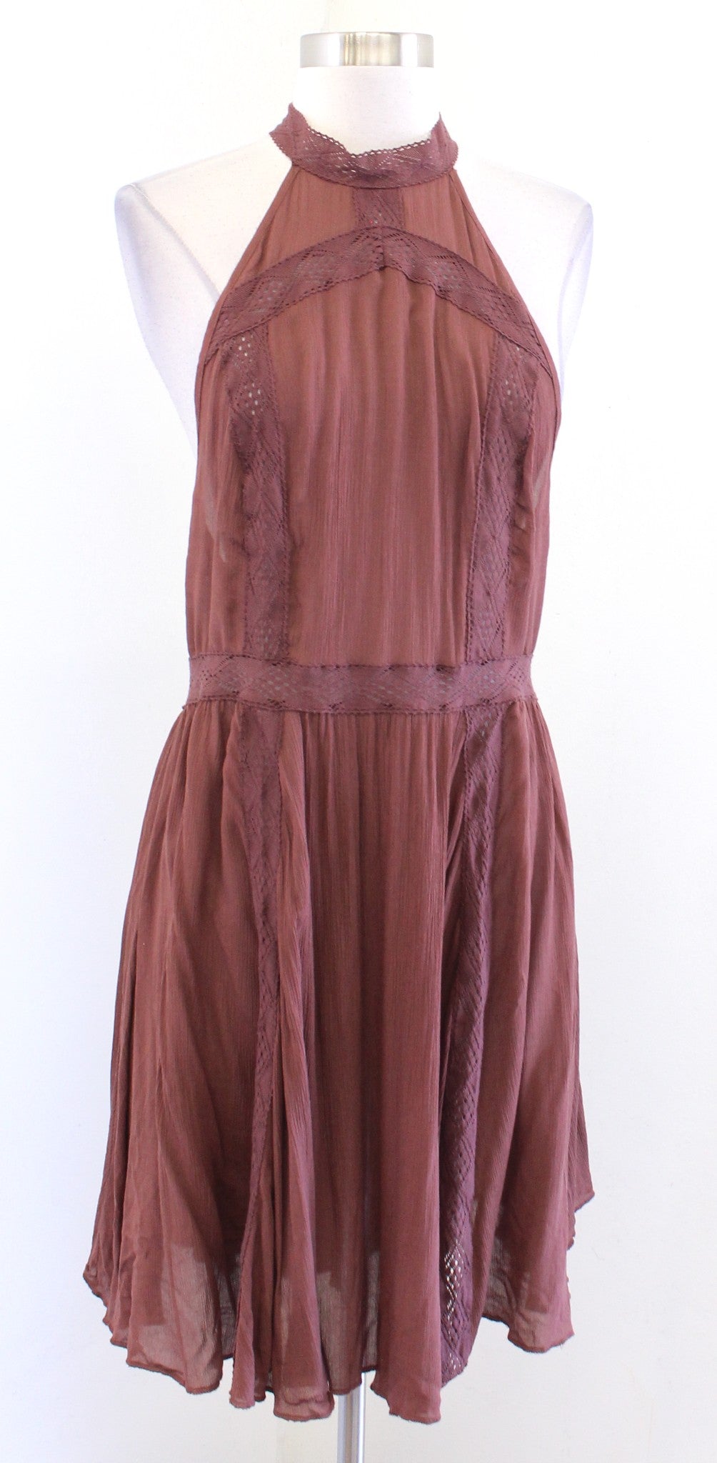 Intimately Free People Brown Crochet Lace Tie Halter Mini Slip Dress Size L