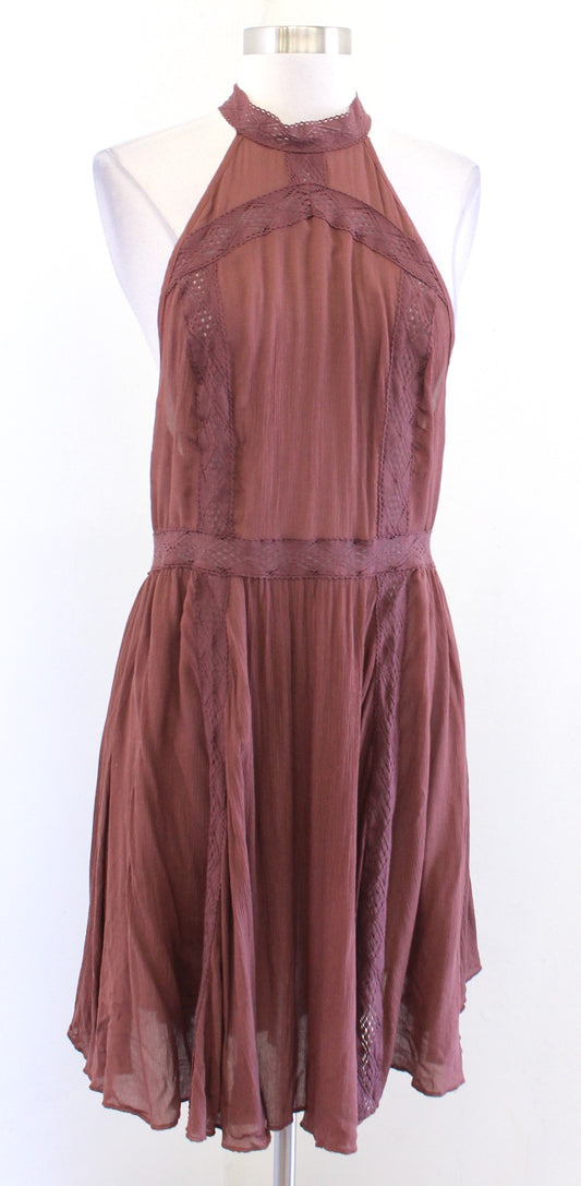 Intimately Free People Brown Crochet Lace Tie Halter Mini Slip Dress Size L