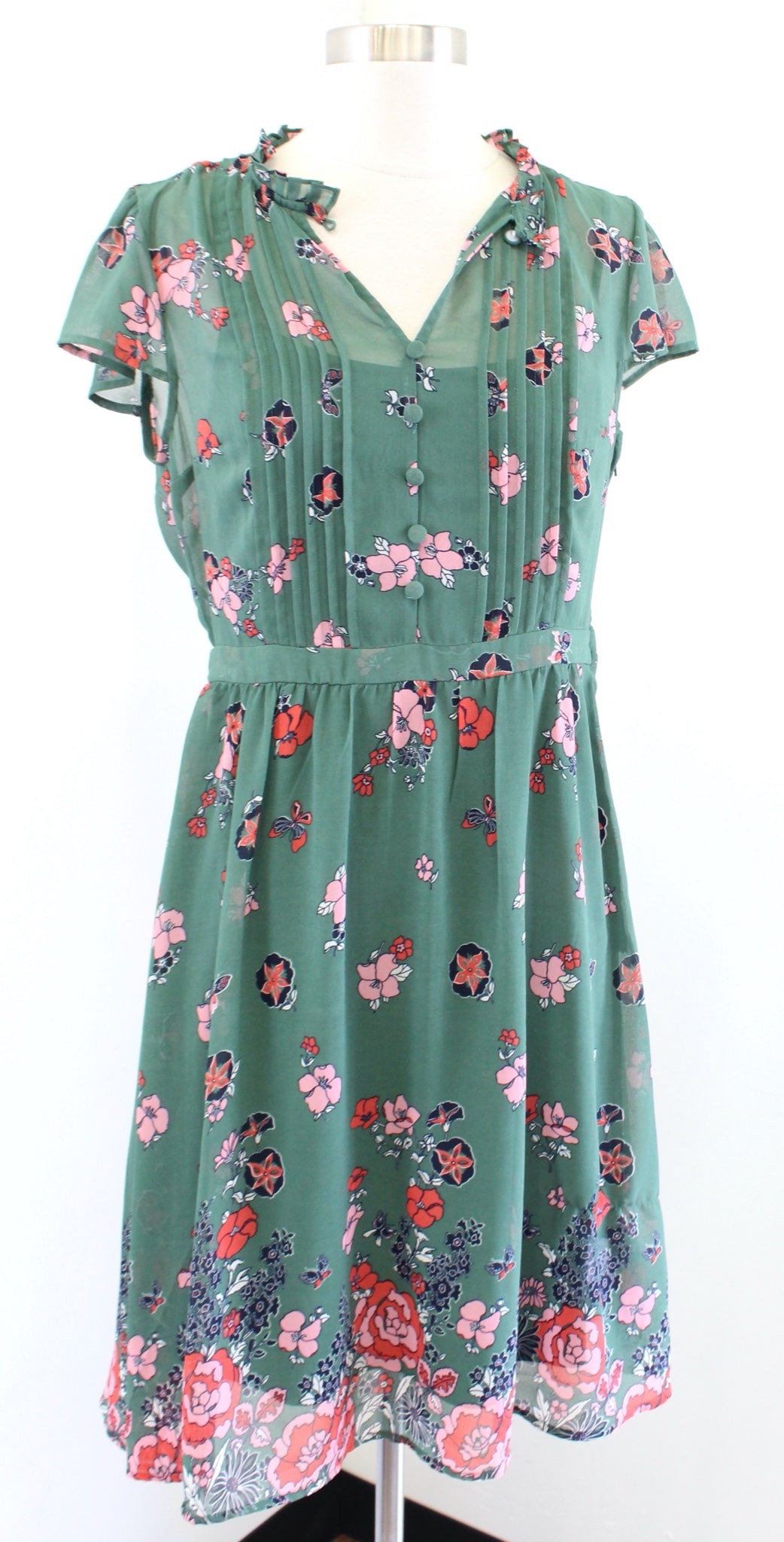 Modcloth Oh Say Can You Museum Green Butterfly Floral Print A Line Dress Size M