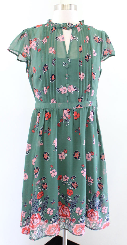 Modcloth Oh Say Can You Museum Green Butterfly Floral Print A Line Dress Size M