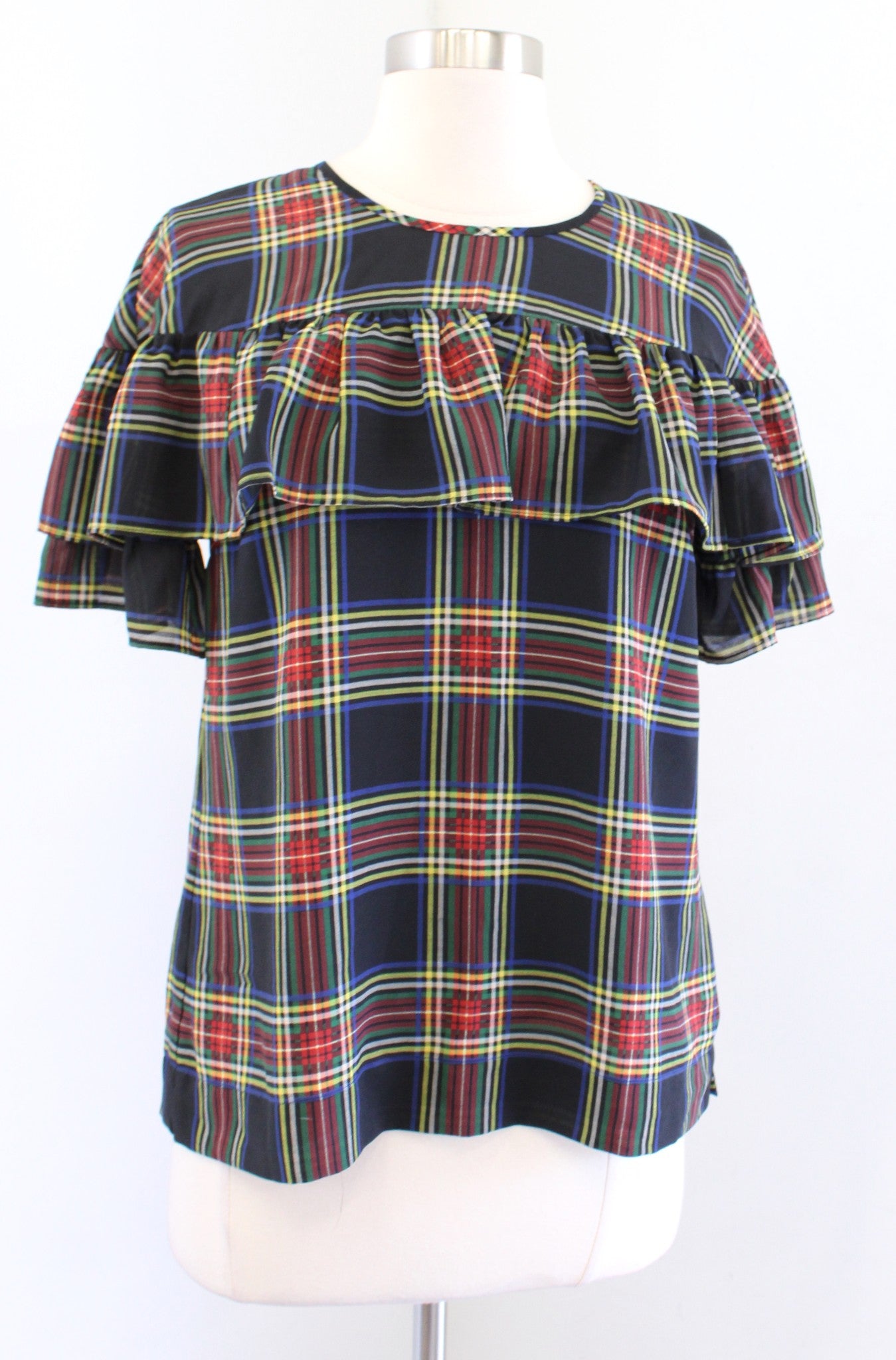 J Crew Edie Ruffle Top in Stewart Tartan Plaid Size 2 Black Red Popover Blouse Short Sleeve