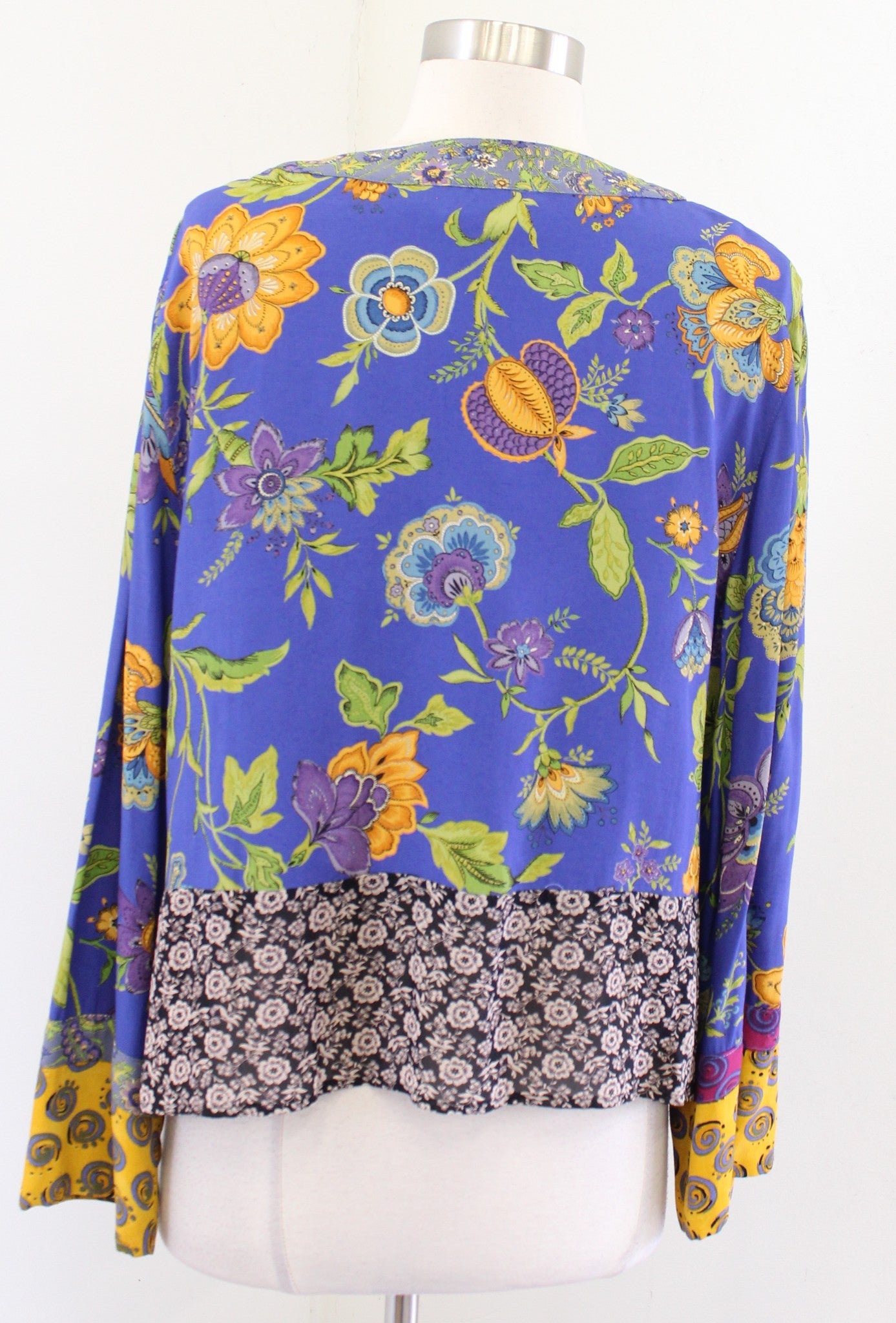 Vtg 90s Blue Patchwork Floral Tie Front Cardigan / Light Topper Jacket Sz 4 Boho