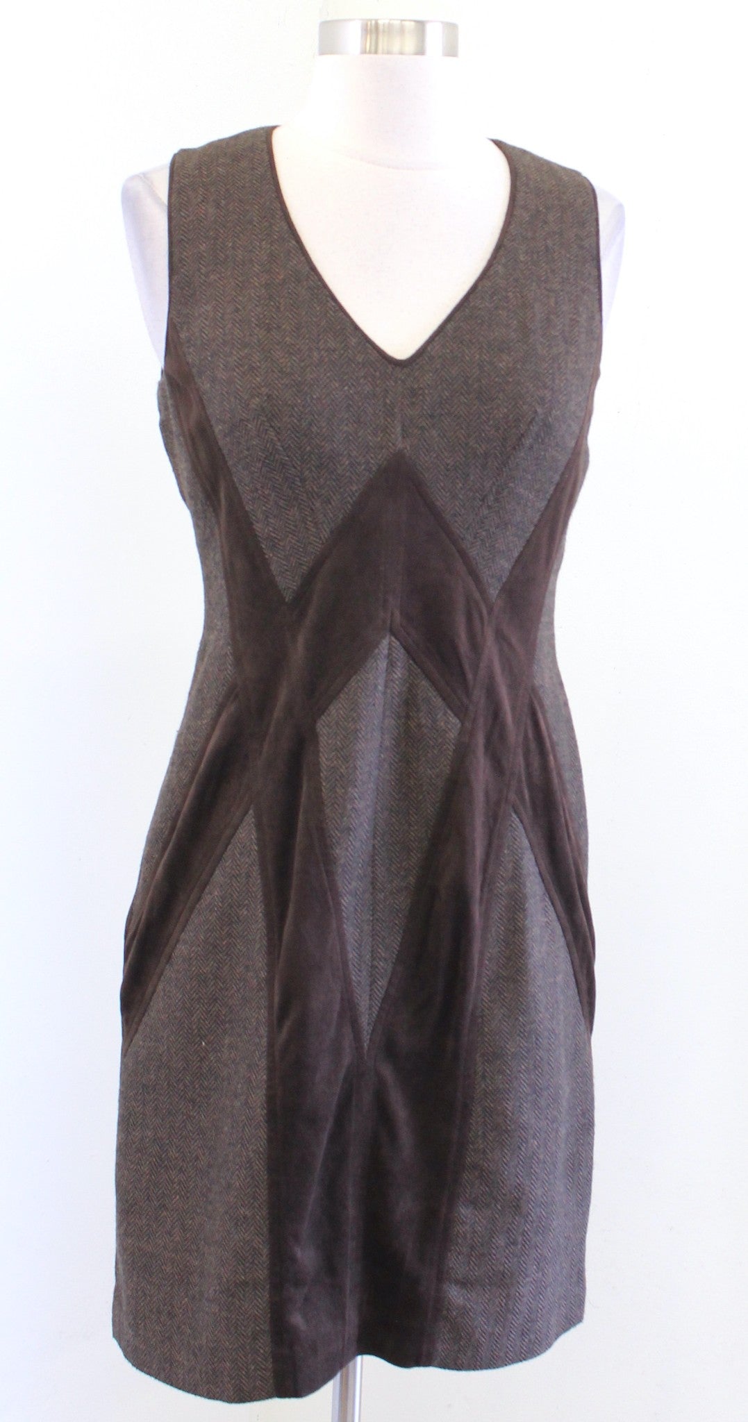 Vince Camuto Brown Black Herringbone Tweed Faux Suede V Neck Sheath Dress Size 4
