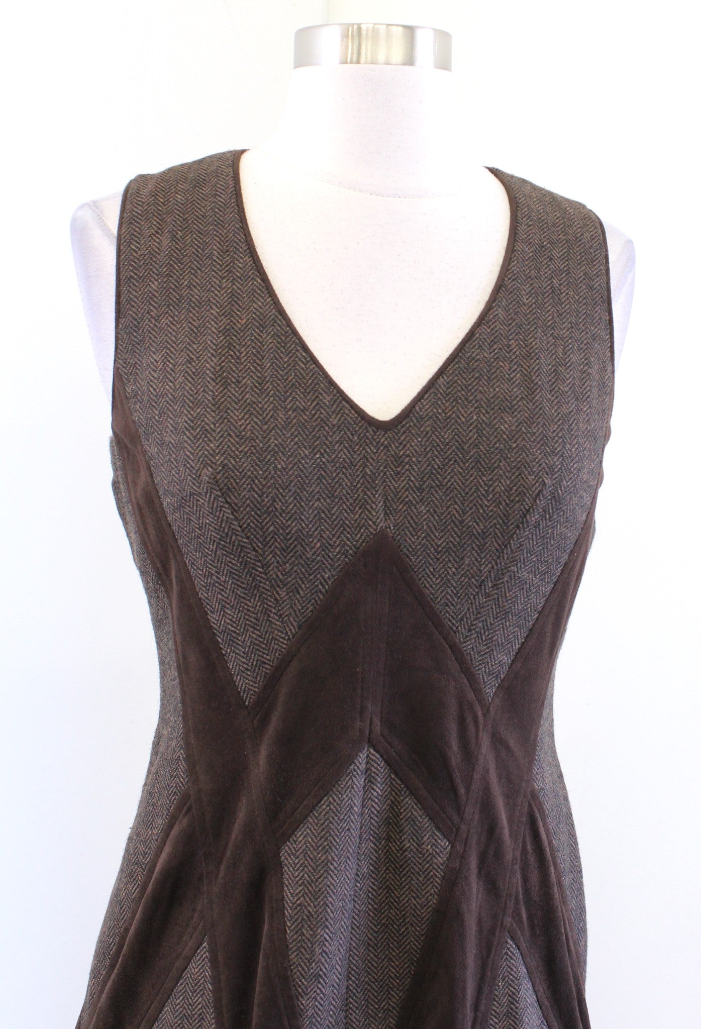 Vince Camuto Brown Black Herringbone Tweed Faux Suede V Neck Sheath Dress Size 4