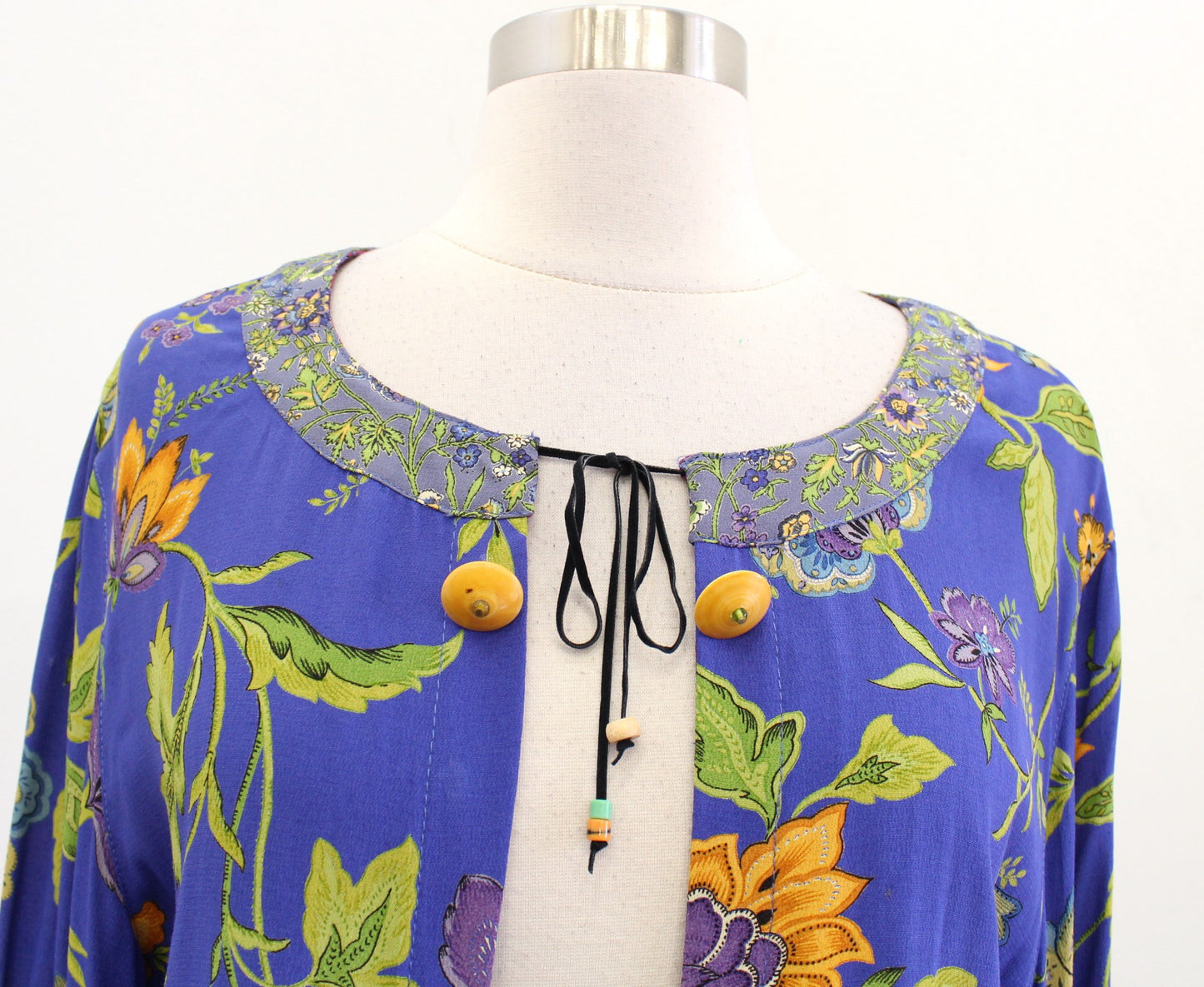 Vtg 90s Blue Patchwork Floral Tie Front Cardigan / Light Topper Jacket Sz 4 Boho