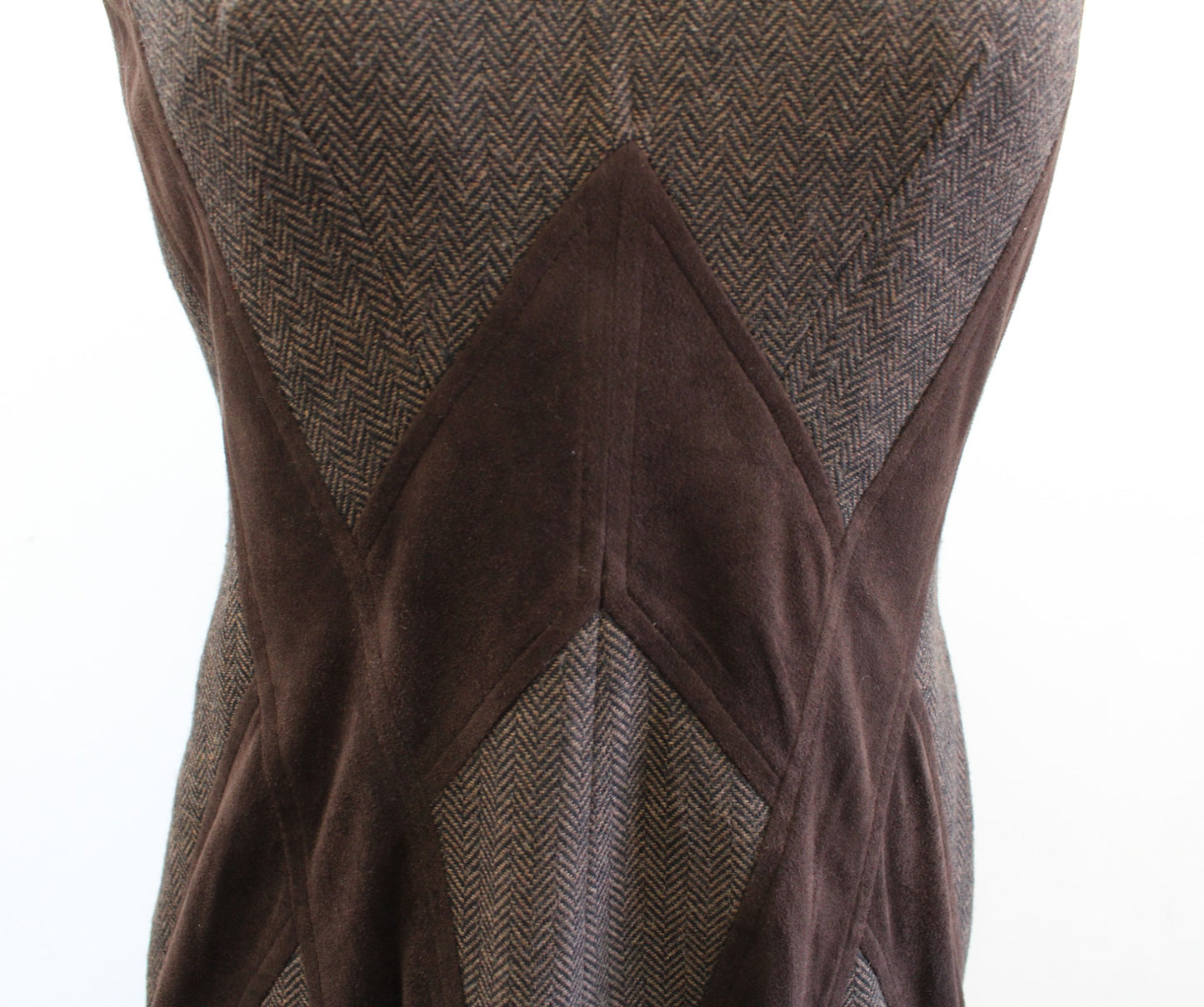Vince Camuto Brown Black Herringbone Tweed Faux Suede V Neck Sheath Dress Size 4