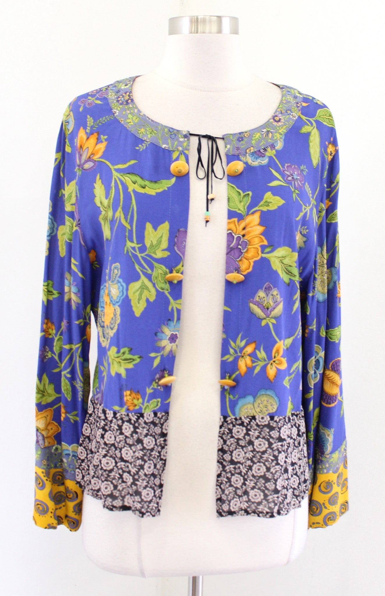 Vtg 90s Blue Patchwork Floral Tie Front Cardigan / Light Topper Jacket Sz 4 Boho