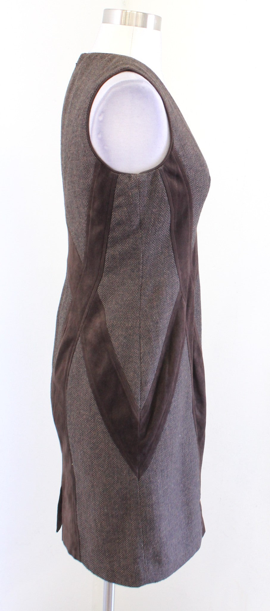 Vince Camuto Brown Black Herringbone Tweed Faux Suede V Neck Sheath Dress Size 4
