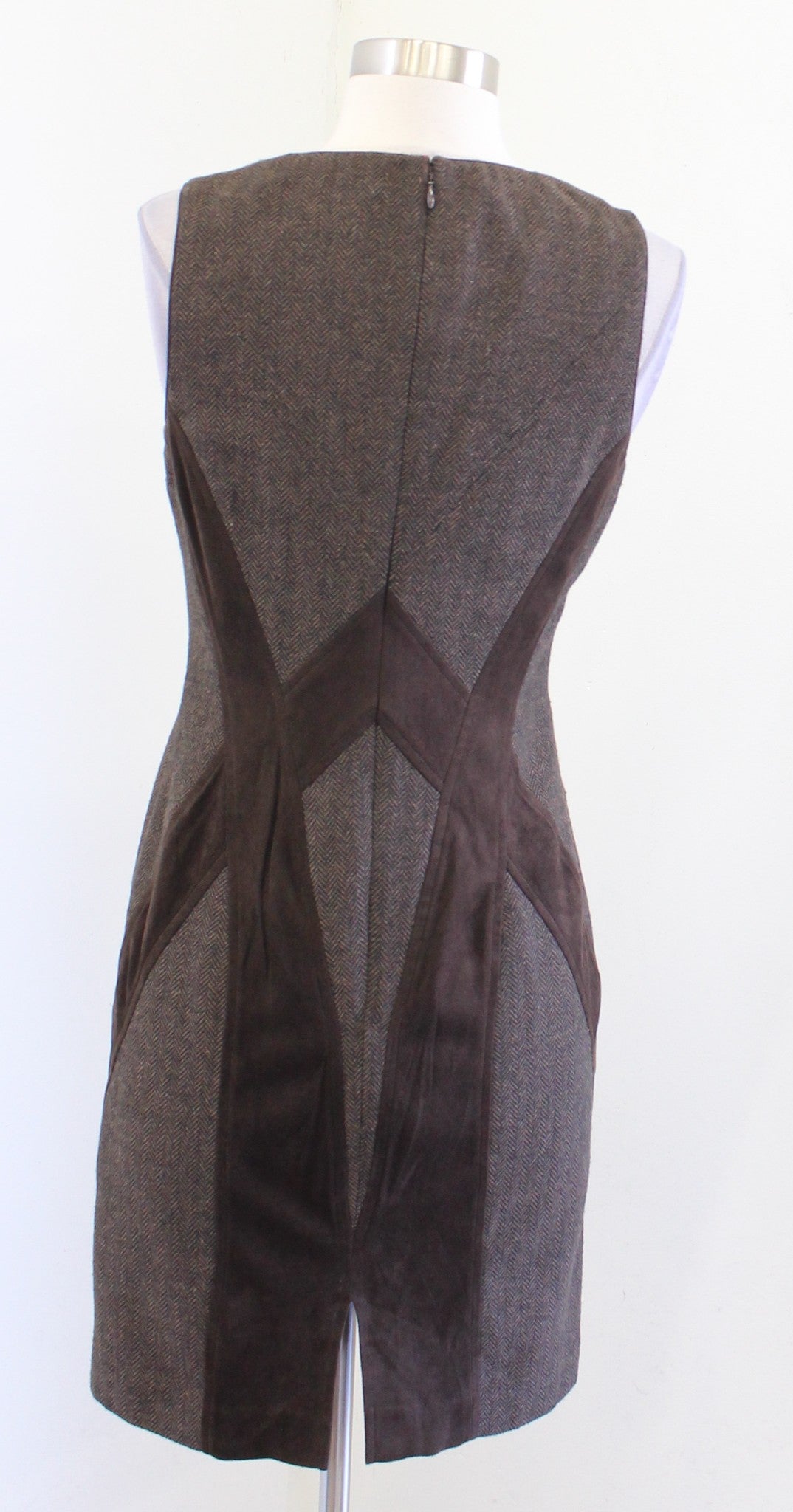 Vince Camuto Brown Black Herringbone Tweed Faux Suede V Neck Sheath Dress Size 4