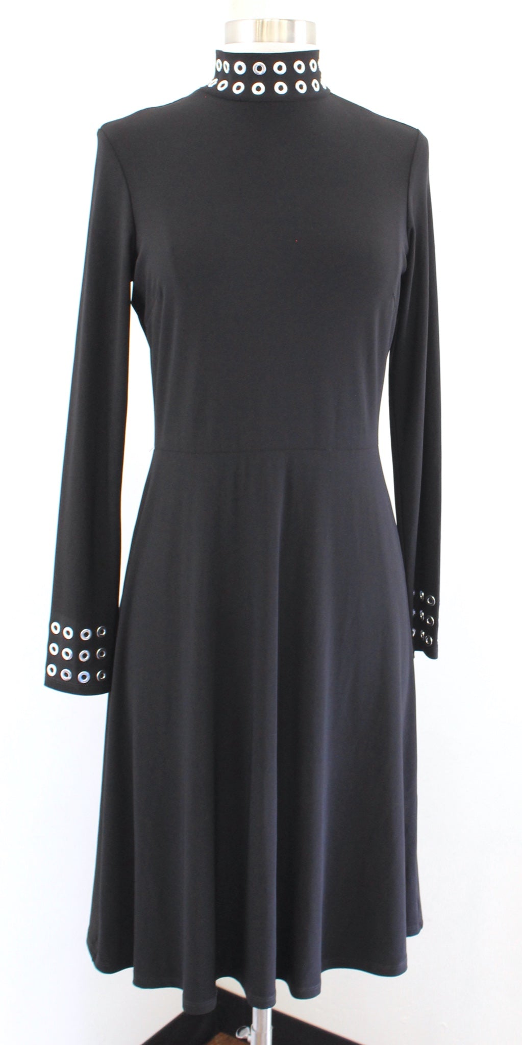 Joseph Ribkoff Solid Black Jersey Knit Silver Grommet Mock Neck Dress Size 4