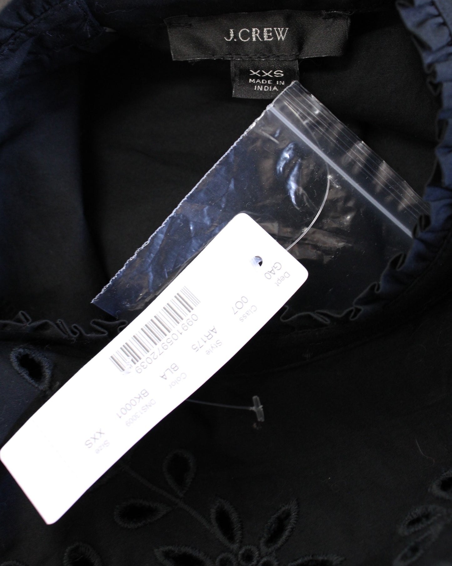 NWT J Crew Black Embroidered Eyelet Poplin Popover Top Blouse Mock Neck XXS 2XS