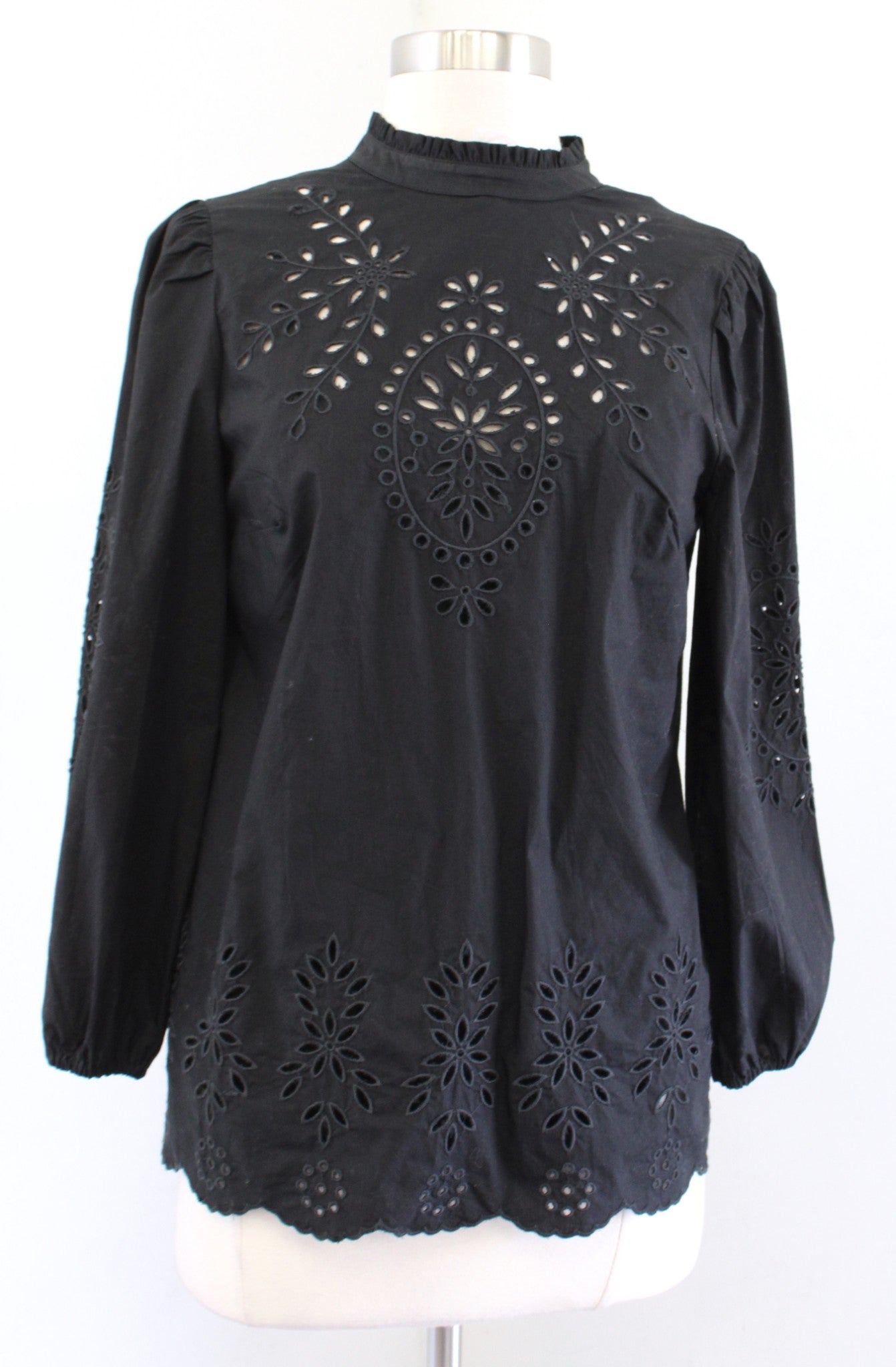 NWT J Crew Black Embroidered Eyelet Poplin Popover Top Blouse Mock Neck XXS 2XS