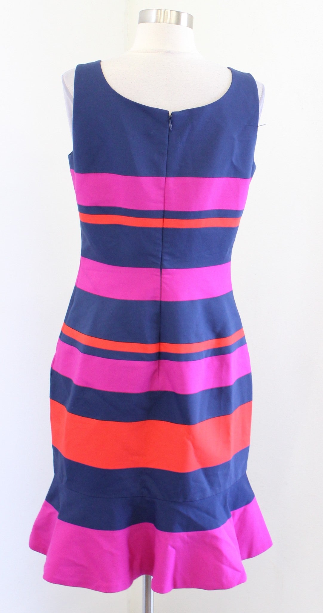 Belle Badgley Mischka Bright Striped Ruffle Flounce Hem Sheath Dress Size 6 Navy