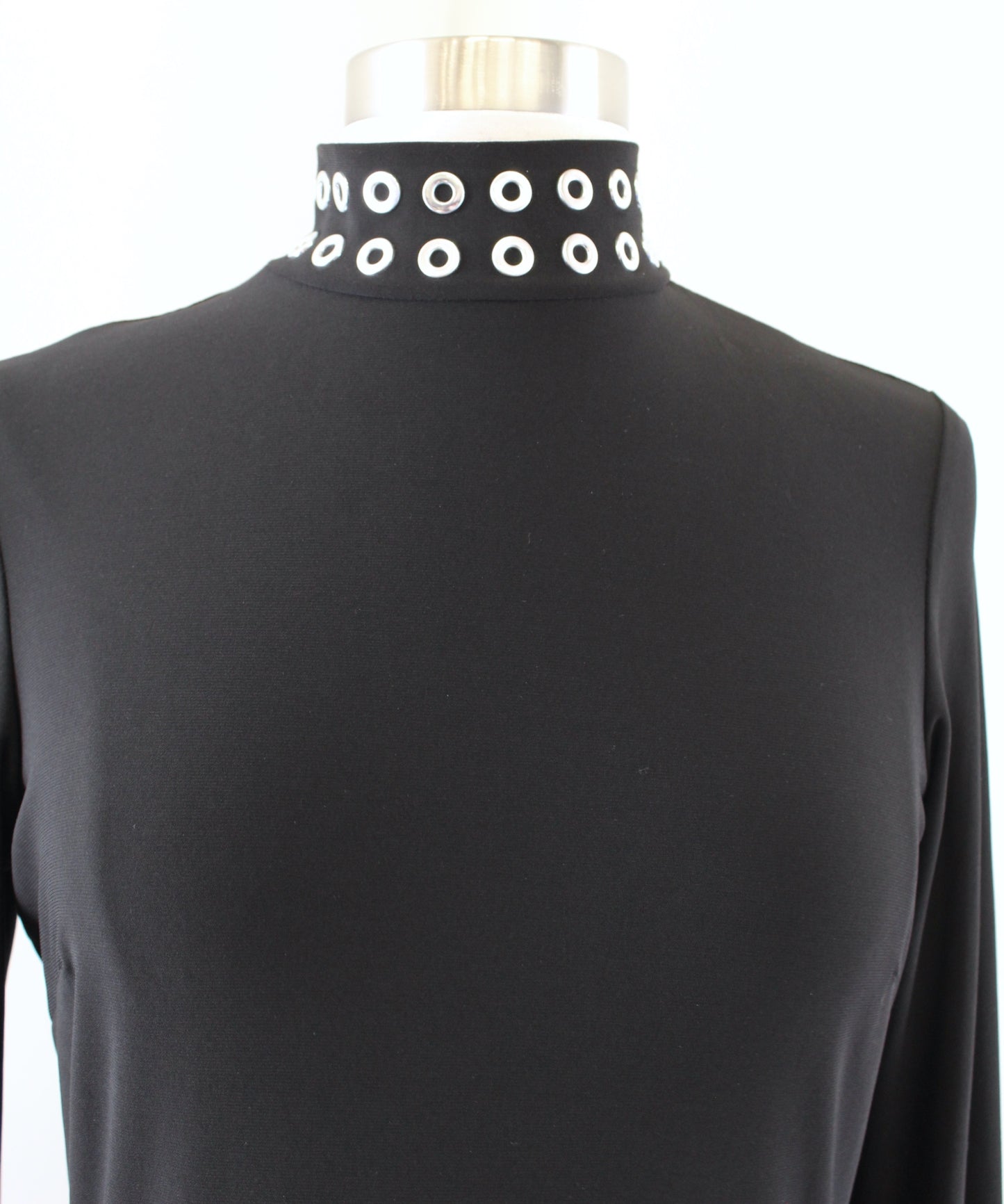 Joseph Ribkoff Solid Black Jersey Knit Silver Grommet Mock Neck Dress Size 4