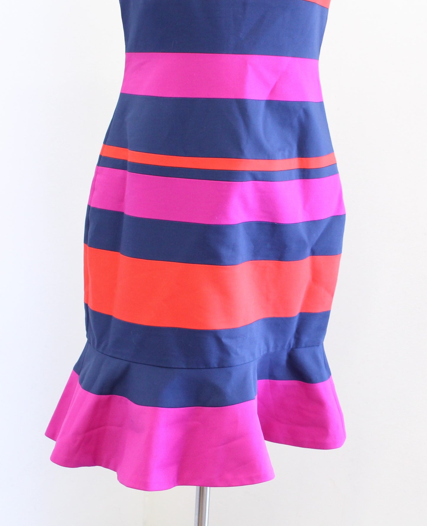 Belle Badgley Mischka Bright Striped Ruffle Flounce Hem Sheath Dress Size 6 Navy