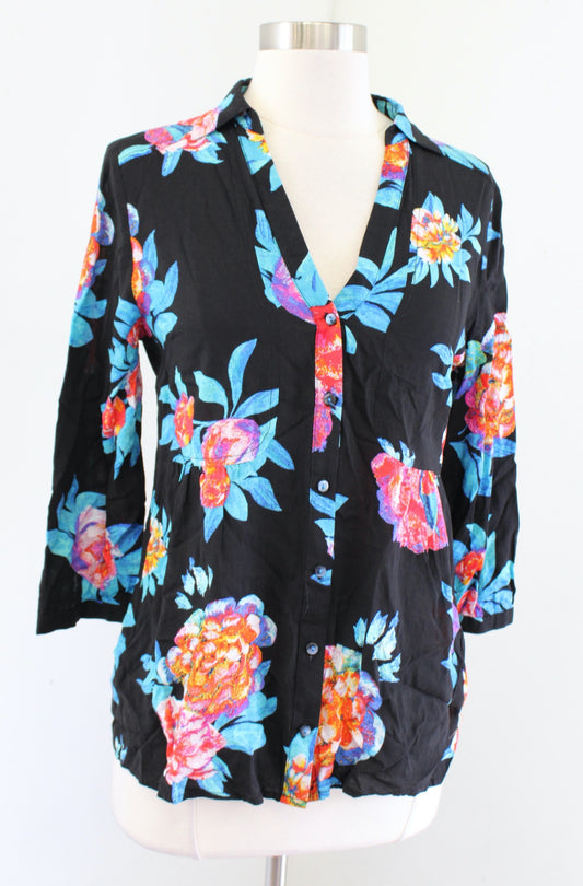 Maeve Anthropologie Woodland Walk Black Multi Floral Button Down Blouse Top Sz 6