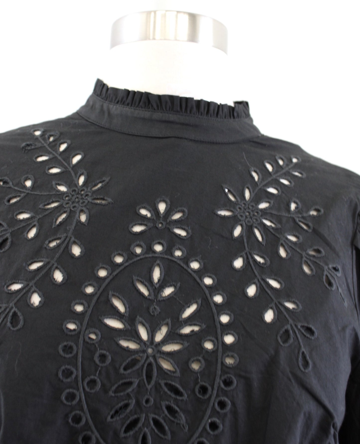 NWT J Crew Black Embroidered Eyelet Poplin Popover Top Blouse Mock Neck XXS 2XS